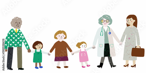 A diverse family holding hands with a female doctor in illustration
