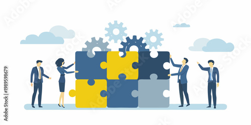 Business team collaboratively connecting puzzle pieces representing solutions