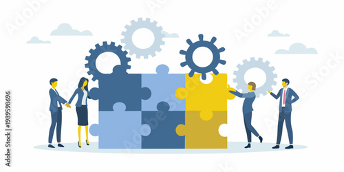 Business team collaborating to fit puzzle pieces with interlocking gears