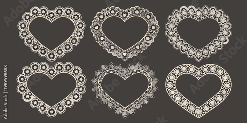 Six ornate heart shaped frames in a decorative vintage style