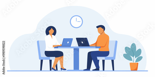 Two professionals collaborate in a modern office meeting setting