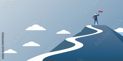 Business leader reaches the summit celebrating success with a red flag