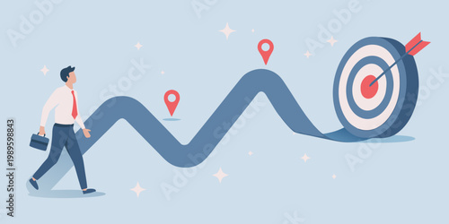 Man walking towards a target along a winding upward path