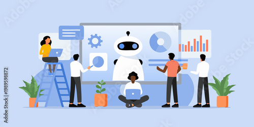 Team collaborating with a robot analyzing data and presentations