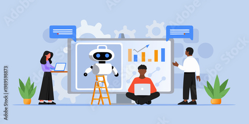 People collaborating with a robot on data analysis and future planning