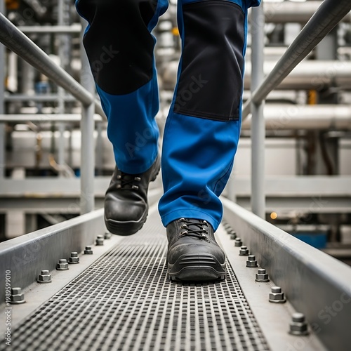 Worker walking on industrial metal walkway, safety boots