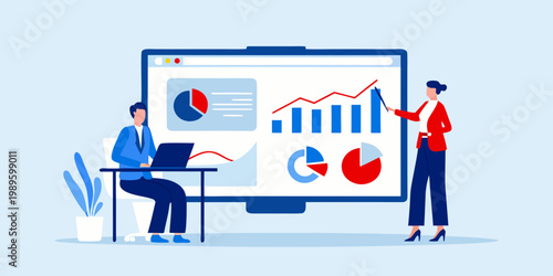 Team analyzing data and presenting results on a large computer screen