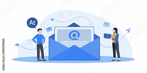 Digital communication concept with people and email illustration