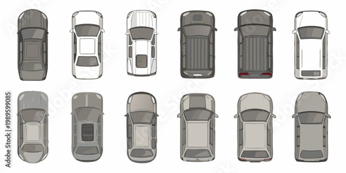 Top down view of twelve different vehicle types in varying colors