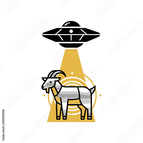 A goat is being abducted by a UFO beam in a humorous and whimsical illustration.