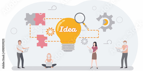 Generating new ideas people collaborating around a bright lightbulb concept