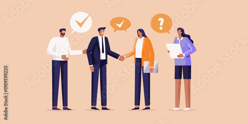 Business professionals collaborating with agreement questions and thoughtful consideration