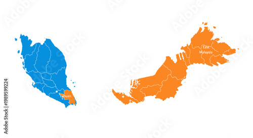 Colorful Malaysia Map with Peninsular and East Malaysia Regions