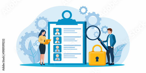 Recruiting process illustrated with a clipboard magnifying glass and candidates