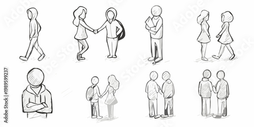 Collection of sketched figures depicting people in various poses and interactions