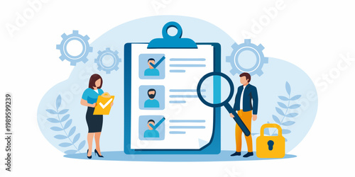 Recruitment process illustrated with people checklists and magnifying glass
