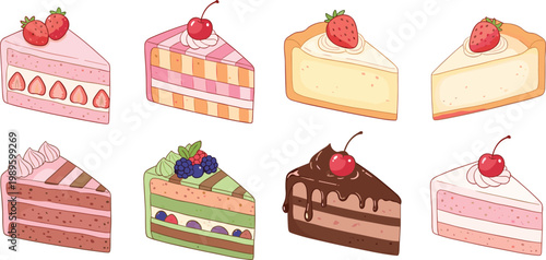 Cute Cake Slice Set with Strawberry, Chocolate, and Fruit Toppings Representing Bakery Desserts, Sweet Treats, and Celebration Food in Vector Illustration