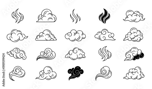 Black and white cloud and smoke vapor vector set with stylized steam and mist elements for design and UI graphics