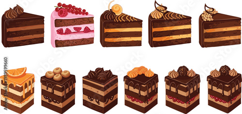 Assorted Cake Slice Collection with Chocolate, Fruit, and Cream Layers Representing Dessert Variety, Bakery Products, and Sweet Treats in Vector Illustration