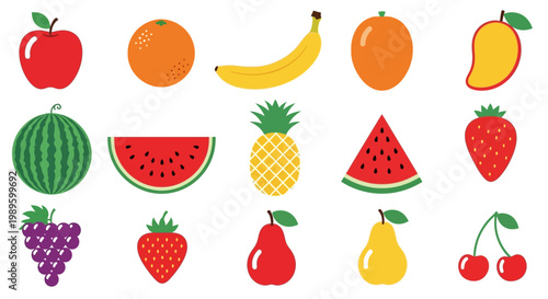 A colorful collection of various fruits arranged on a white background