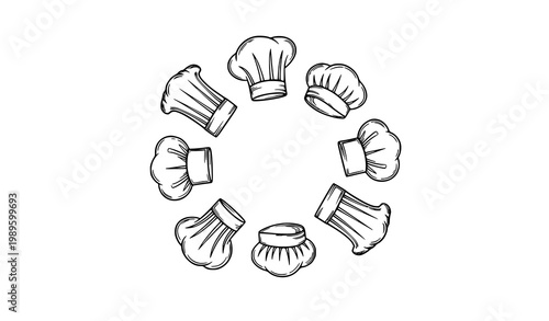 Modern chef hat line icon collection in circular layout for restaurant branding and culinary design applications