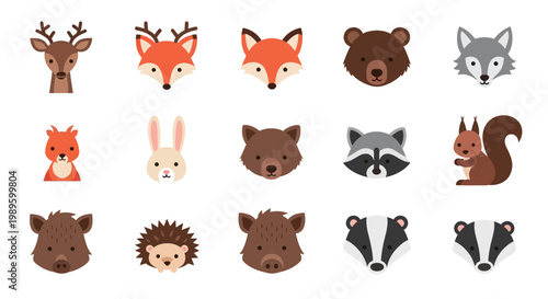 Collection of adorable cartoon animal head icons in a grid layout
