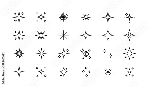Minimalist sparkle and starburst line icon set with thin black editable stroke for UI branding and decorative design