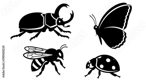 Insect Silhouettes Collection: Beetle, Butterfly, Bee, and Ladybug Icons