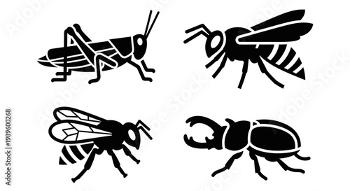 Insect Silhouettes Collection: Grasshopper, Bee, Wasp, and Beetle Icons