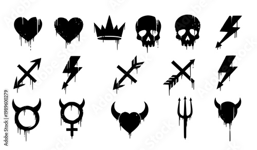 Urban graffiti spray icons skull heart crown vector set