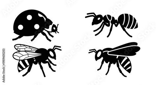 Insect silhouettes collection: ladybug, ant, and flying bees vector icons