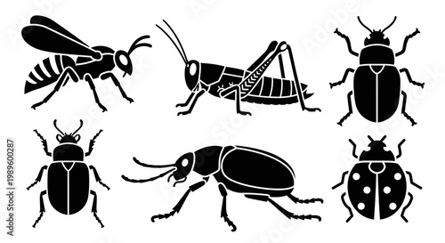 Insect Silhouettes Collection: Wasp, Grasshopper, and Beetles Vector Icons