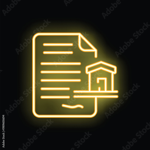Glowing neon icon representing a real estate contract being signed for the purchase of a house