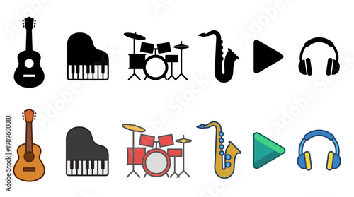 Diverse collection of musical instrument icons in both stylish monochrome silhouettes and vibrant, colorful vector illustrations, perfect for design projects and digital interface elements
