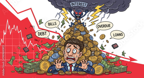 Overwhelmed businessman struggling with financial debt.