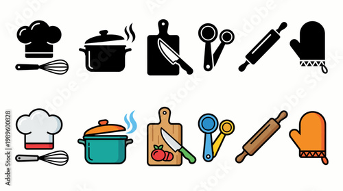 Collection of kitchen utensils and cooking equipment icons, including chef hat, pot, cutting board, measuring spoons, rolling pin, and oven mitt