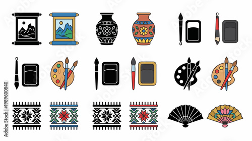 Collection of traditional cultural art and craft icons including paintings, pottery, calligraphy, weaving, and fans