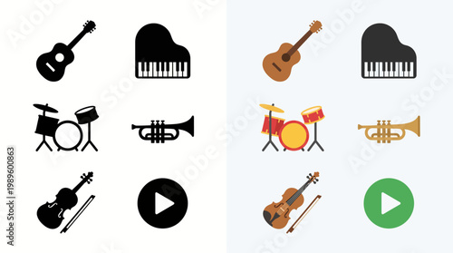 A collection of musical instrument icons and play buttons, presented in both silhouette and color