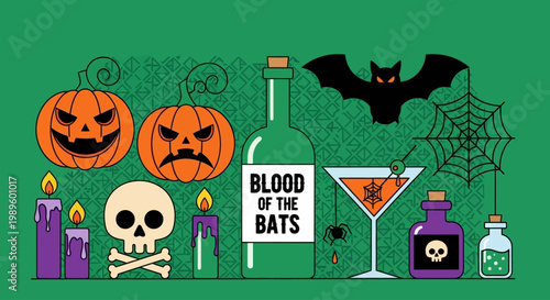 A spooky halloween scene with pumpkins a skull and potion bottles