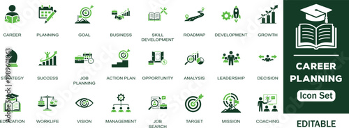Career planning editable solid icon set. Pack contain career, planning, goal, growth, success, journey, strategy, vision, target, opportunity and more vector glyph dual color style icons collection.

