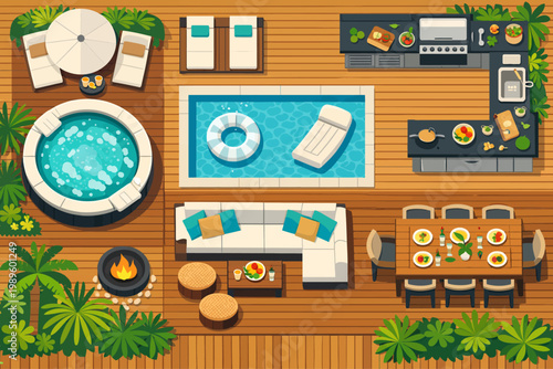 Flat Vector Top View Luxury Resort Landscape Set Featuring Teak Decking, Hot Tub, and Outdoor Kitchen