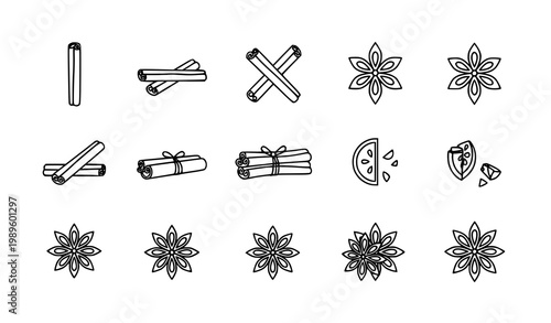 Cinnamon sticks and star anise outline icon set with thin line editable stroke for cooking baking and spice design