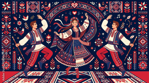 Stylized folk dancers in traditional costumes with bold geometric patterns, symmetrical layout, and vibrant red, black, and white tones, capturing cultural heritage through modern flat vector design