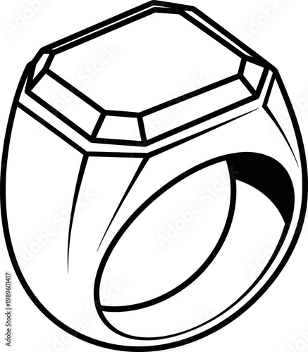 Black and white of a signet ring with a faceted gemstone jewel jewelry