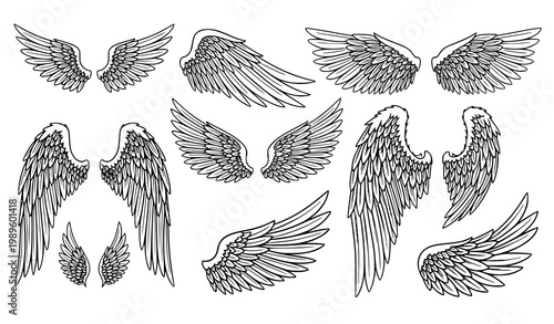 Creative angel wing outline vector set with thin black line featuring feathered wings for tattoo spiritual and decorative use
