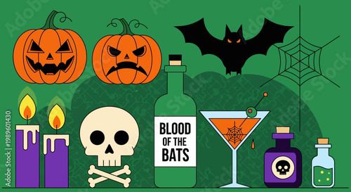 A colorful halloween scene featuring pumpkins a bat and spooky potions