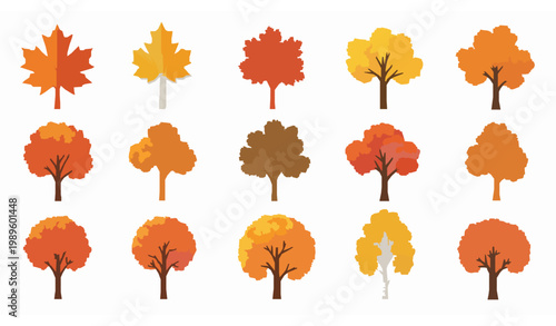 Autumn trees cutout vector set with colorful fall foliage isolated on white background for seasonal design