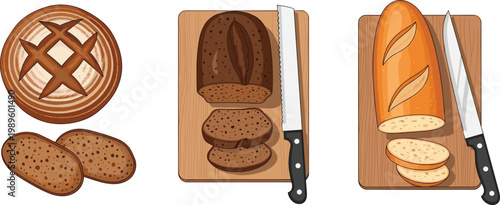 Bread Variety Set with Loaves, Sliced Bread, and Knife on Cutting Board Representing Bakery Products, Food Preparation, and Fresh Baked Goods in Vector Illustration