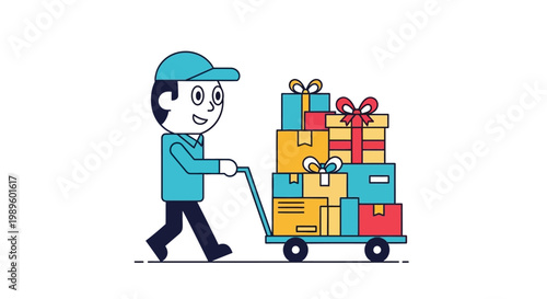 Delivery person cheerfully transporting a large stack of colorful gift boxes