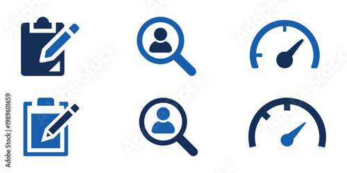 Set of blue icons featuring a clipboard with pencil, user search magnifying glass, and speed gauge.
